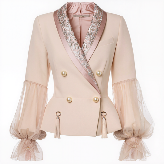 Evangeline Embroidered Tulle-Sleeve Blazer