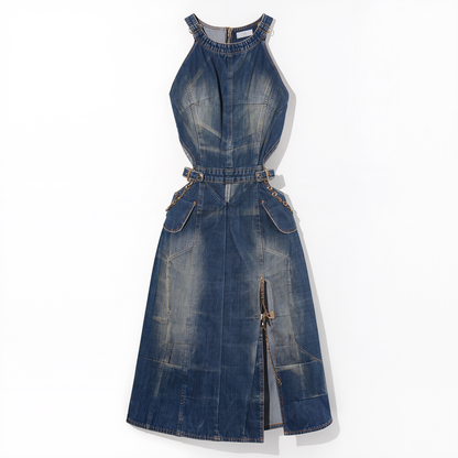 Riviera Utility Halter Denim Maxi Dress