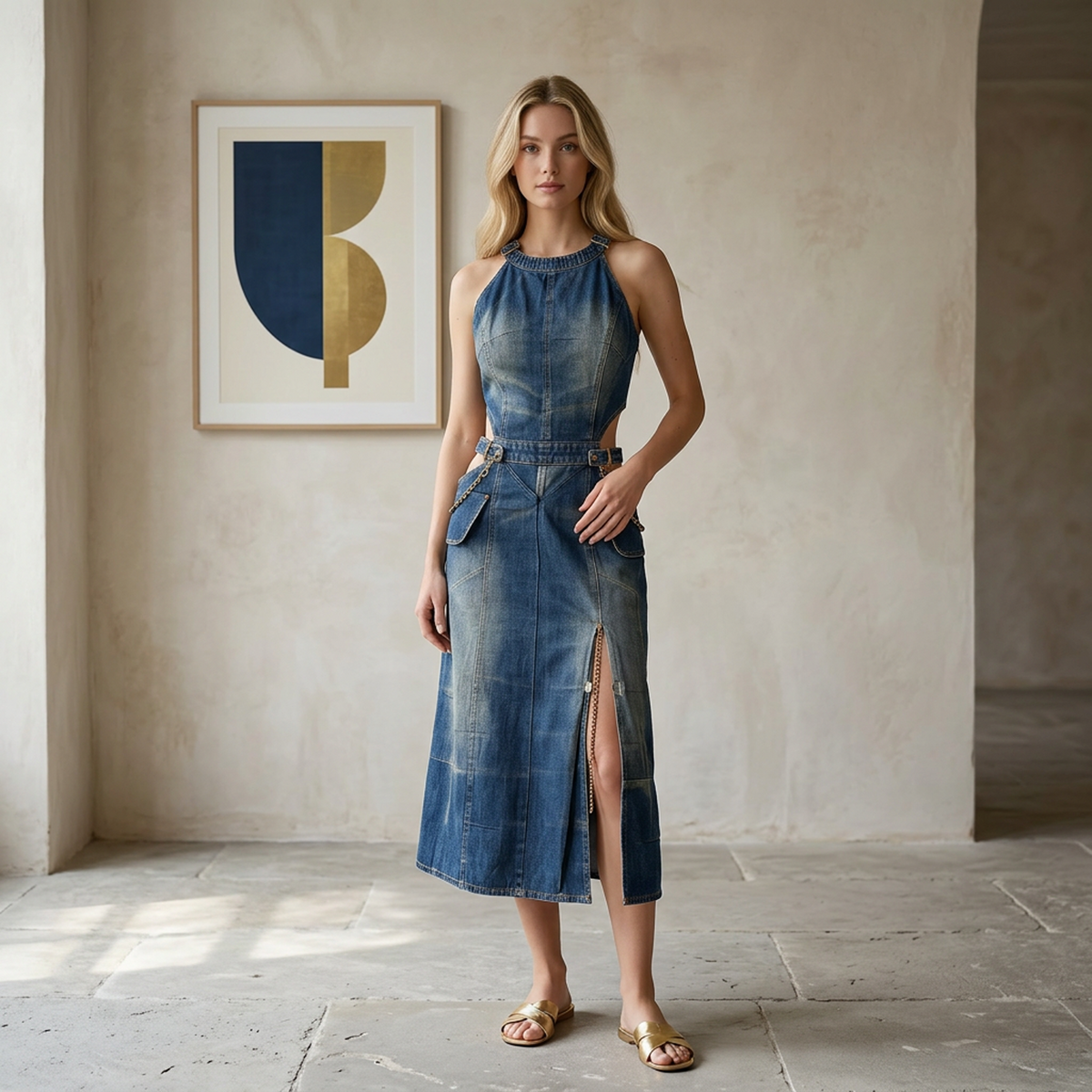 Riviera Utility Halter Denim Maxi Dress