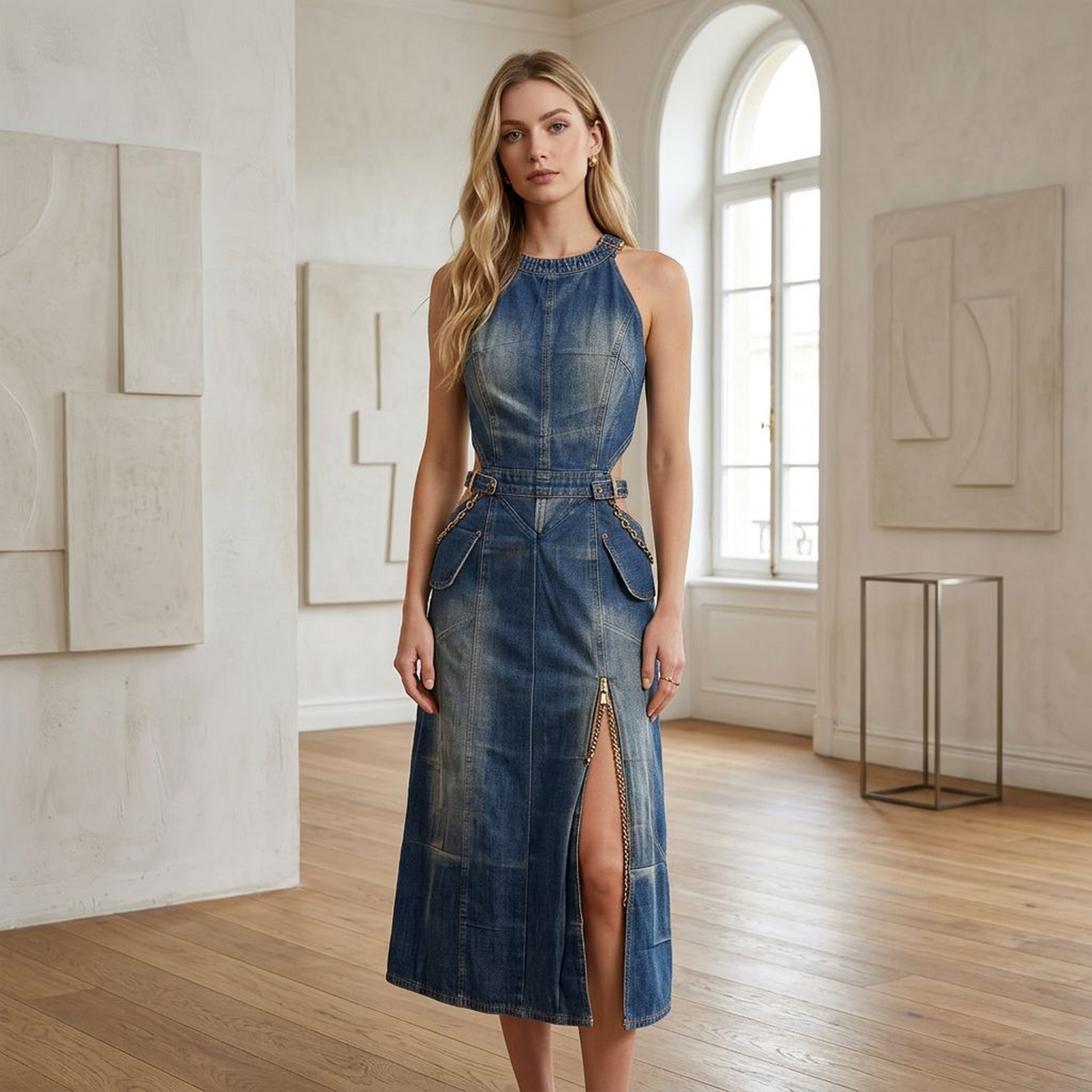 Riviera Utility Halter Denim Maxi Dress