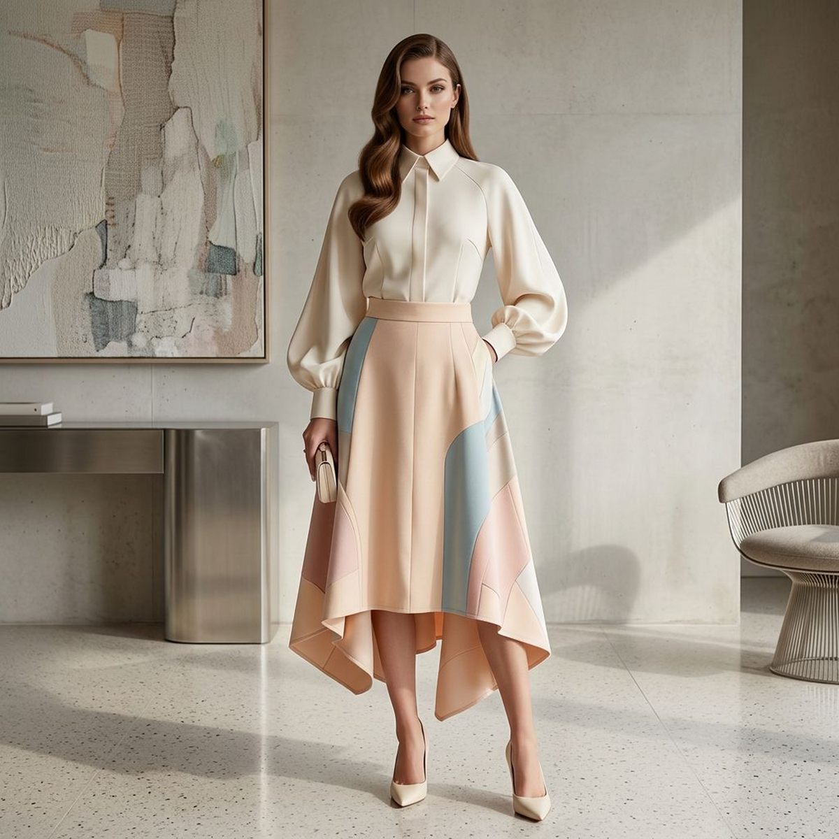 Marielle Pastel Colorblock High-Low Midi Skirt
