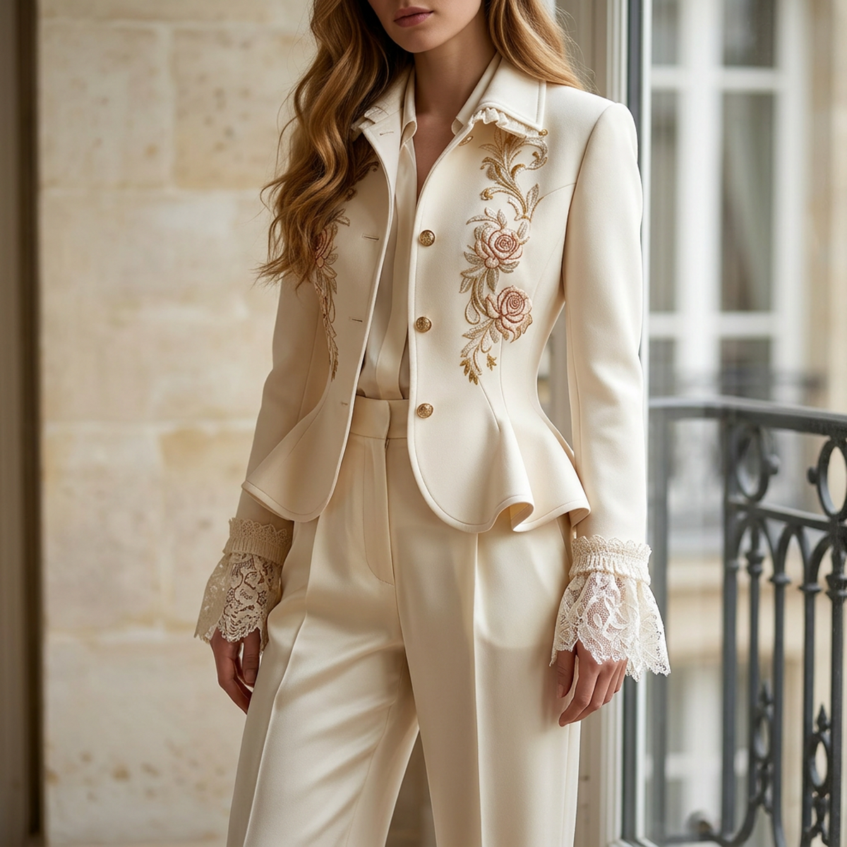 Rosalie Floral Embroidered Lace-Cuff Peplum Jacket