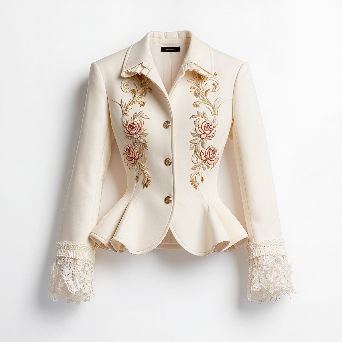 Rosalie Floral Embroidered Lace-Cuff Peplum Jacket