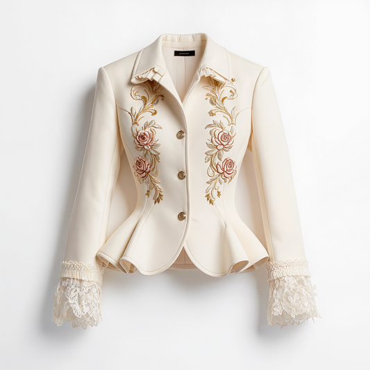 Rosalie Floral Embroidered Lace-Cuff Peplum Jacket