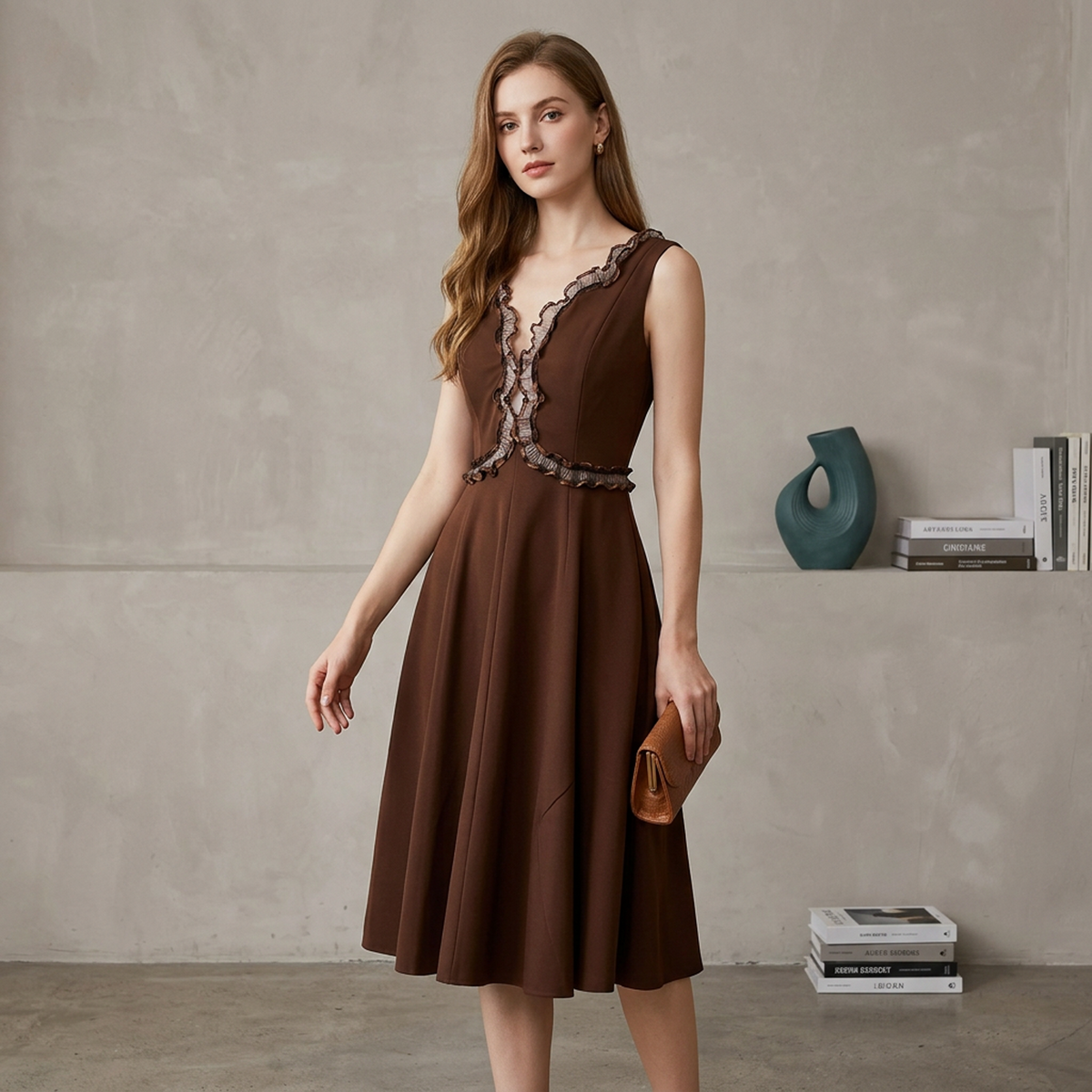 Amara Chocolate Ruffle Lace-Up Midi Dress