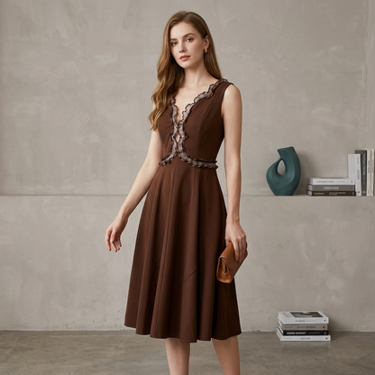 Amara Chocolate Ruffle Lace-Up Midi Dress