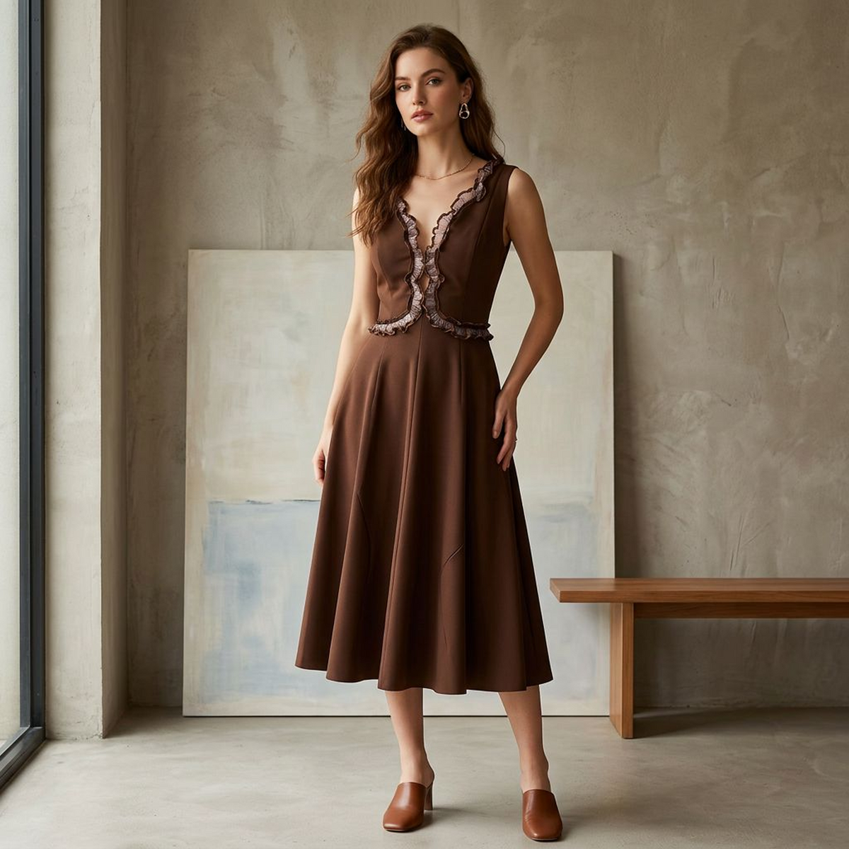 Amara Chocolate Ruffle Lace-Up Midi Dress