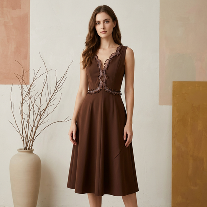 Amara Chocolate Ruffle Lace-Up Midi Dress