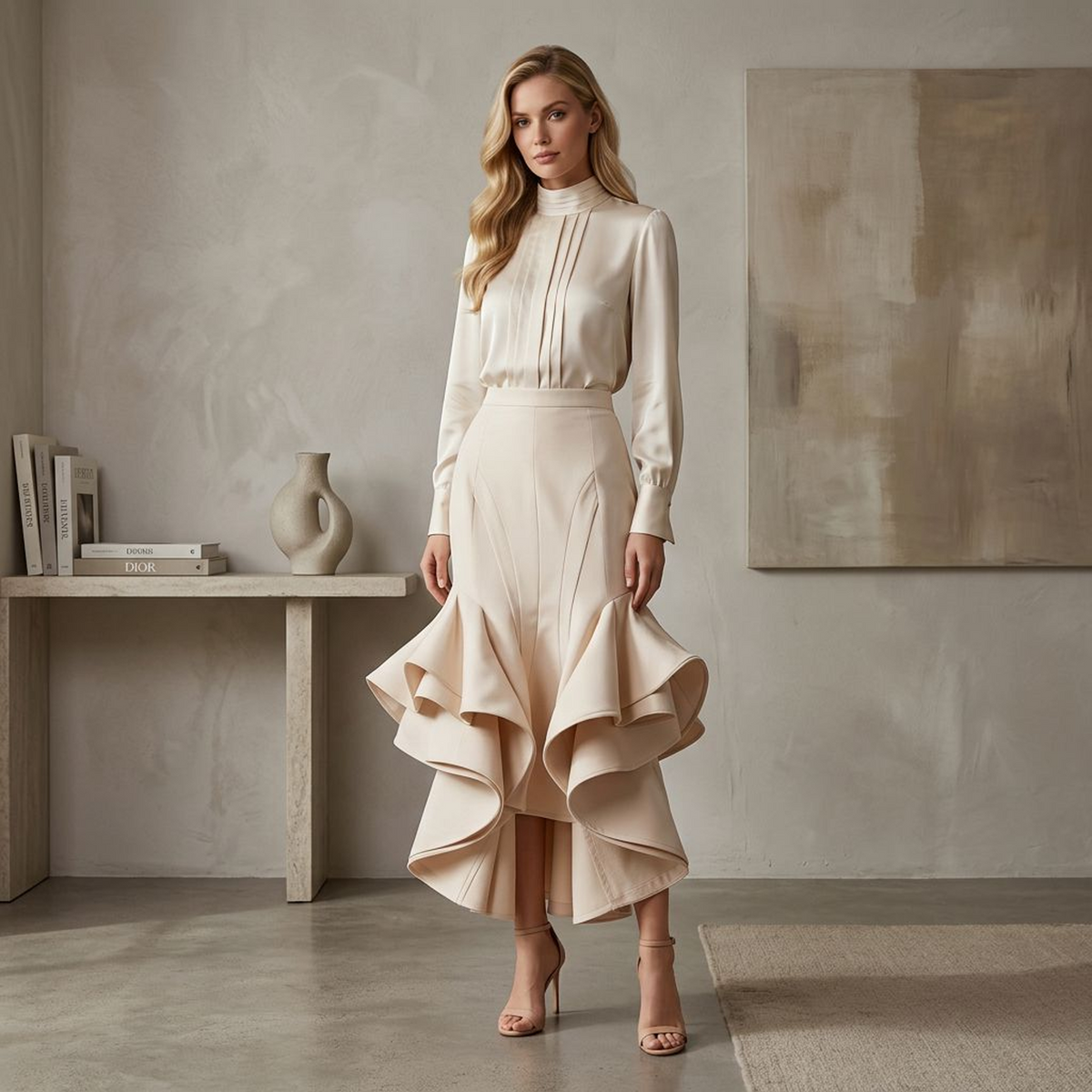 Celestine Sculptural Ruffle High-Low Maxi Skirt