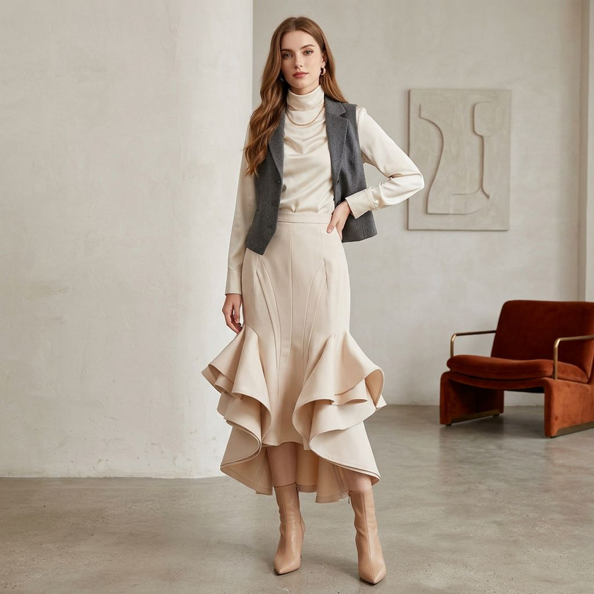 Celestine Sculptural Ruffle High-Low Maxi Skirt