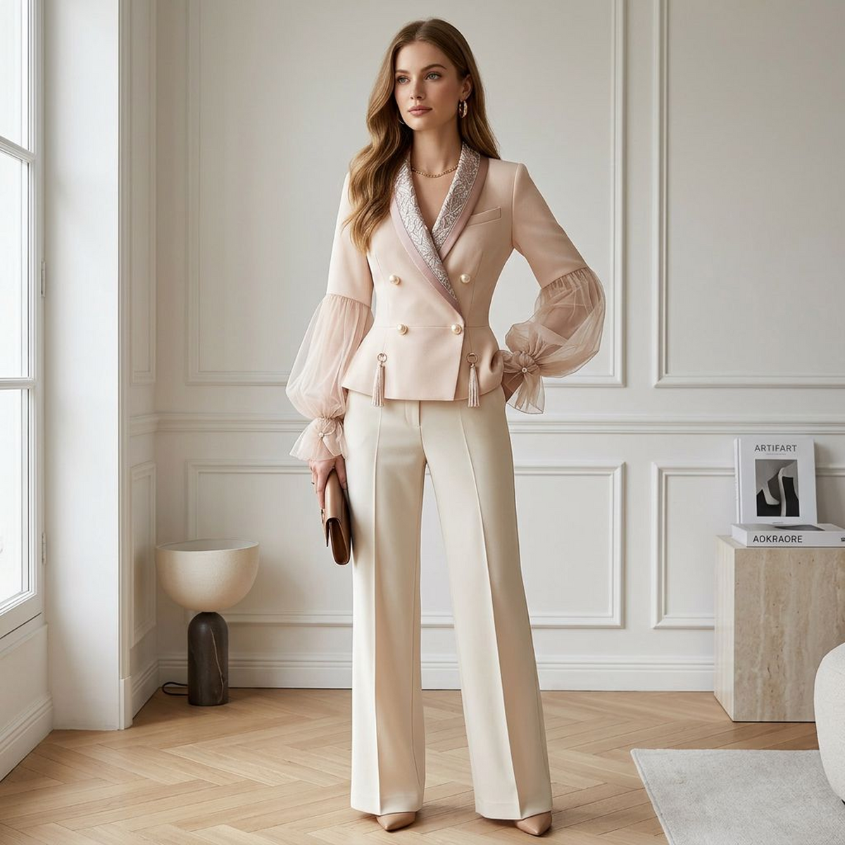 Evangeline Embroidered Tulle-Sleeve Blazer