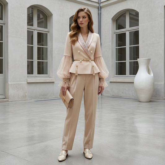 Evangeline Embroidered Tulle-Sleeve Blazer